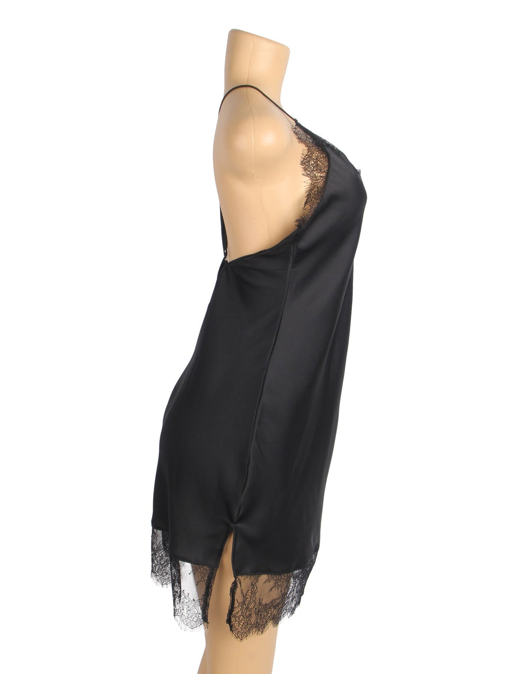 Black Satin - Finish Eyelash Lace V - Neck Nightgown – Crisscross Halter Back & Side Slits - TeaseFashion