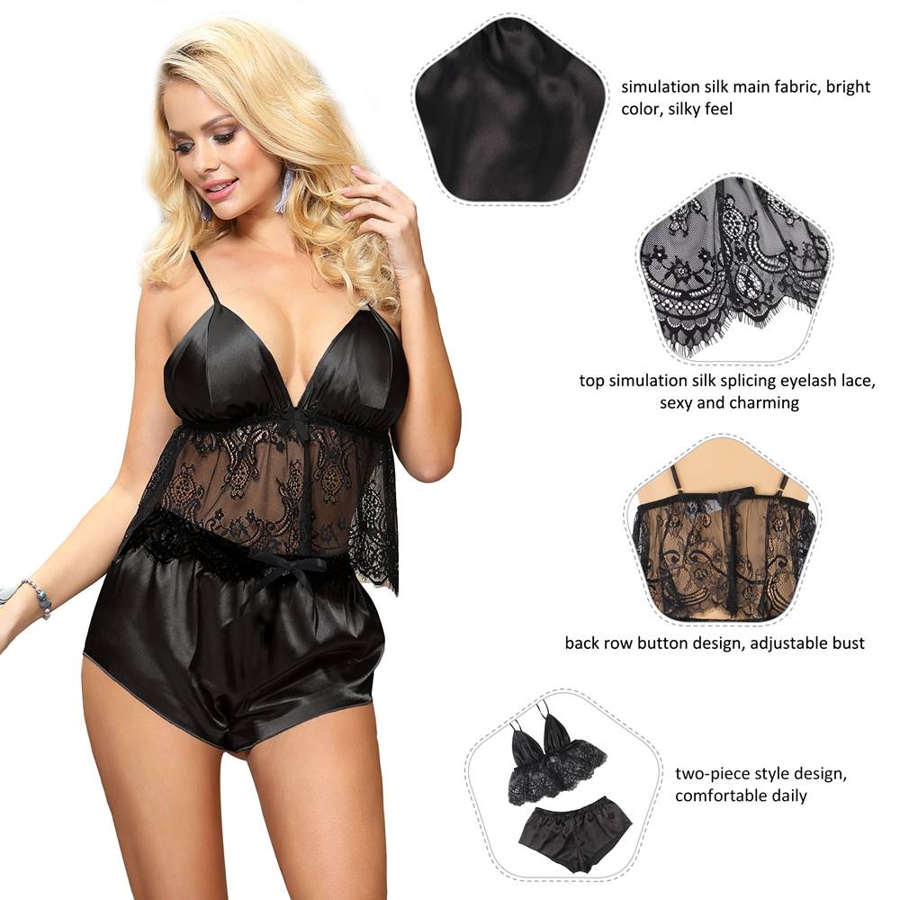 Black Satin - Finish Lace - Trim Camisole Pyjama Set – Adjustable Straps with Button Back - TeaseFashion