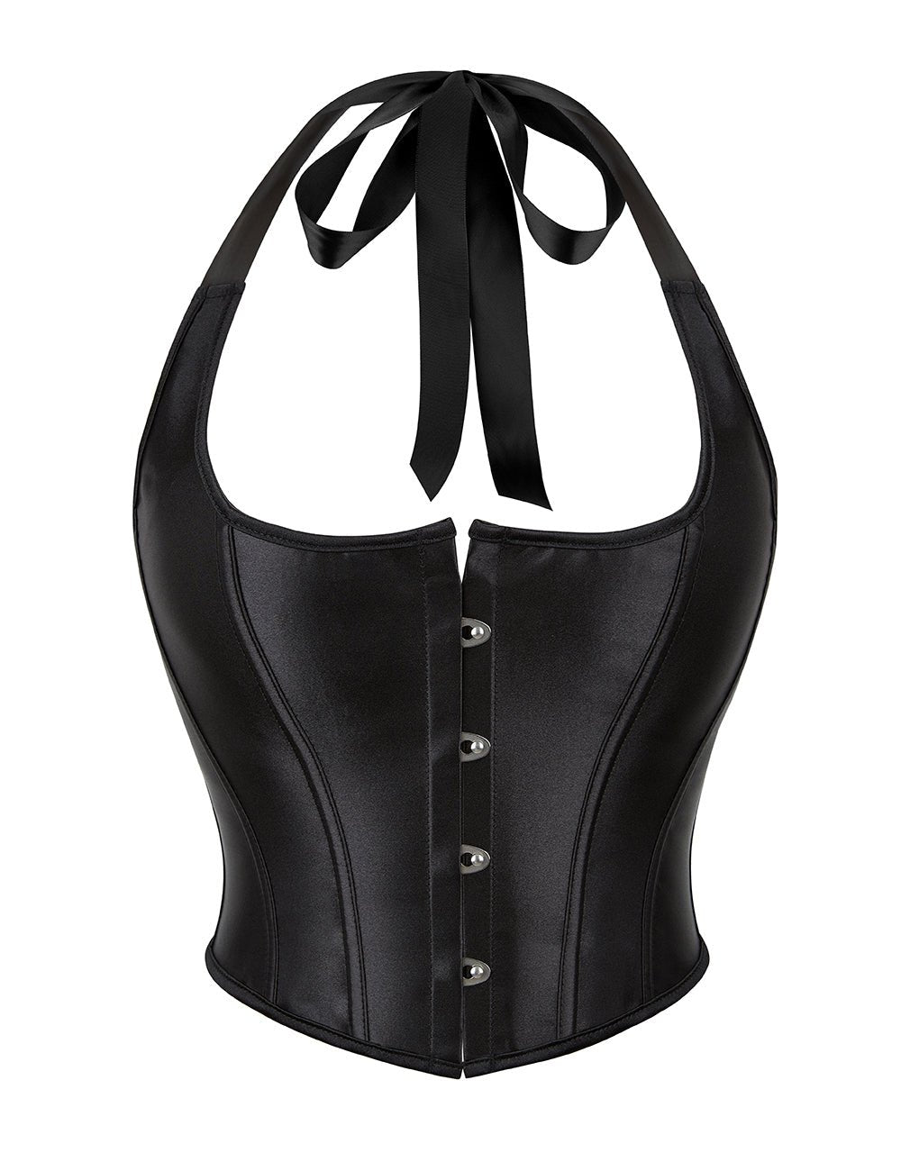 Black Satin Halter Tank Corset – 12 Soft Bones & Crossed Back Straps - TeaseFashion
