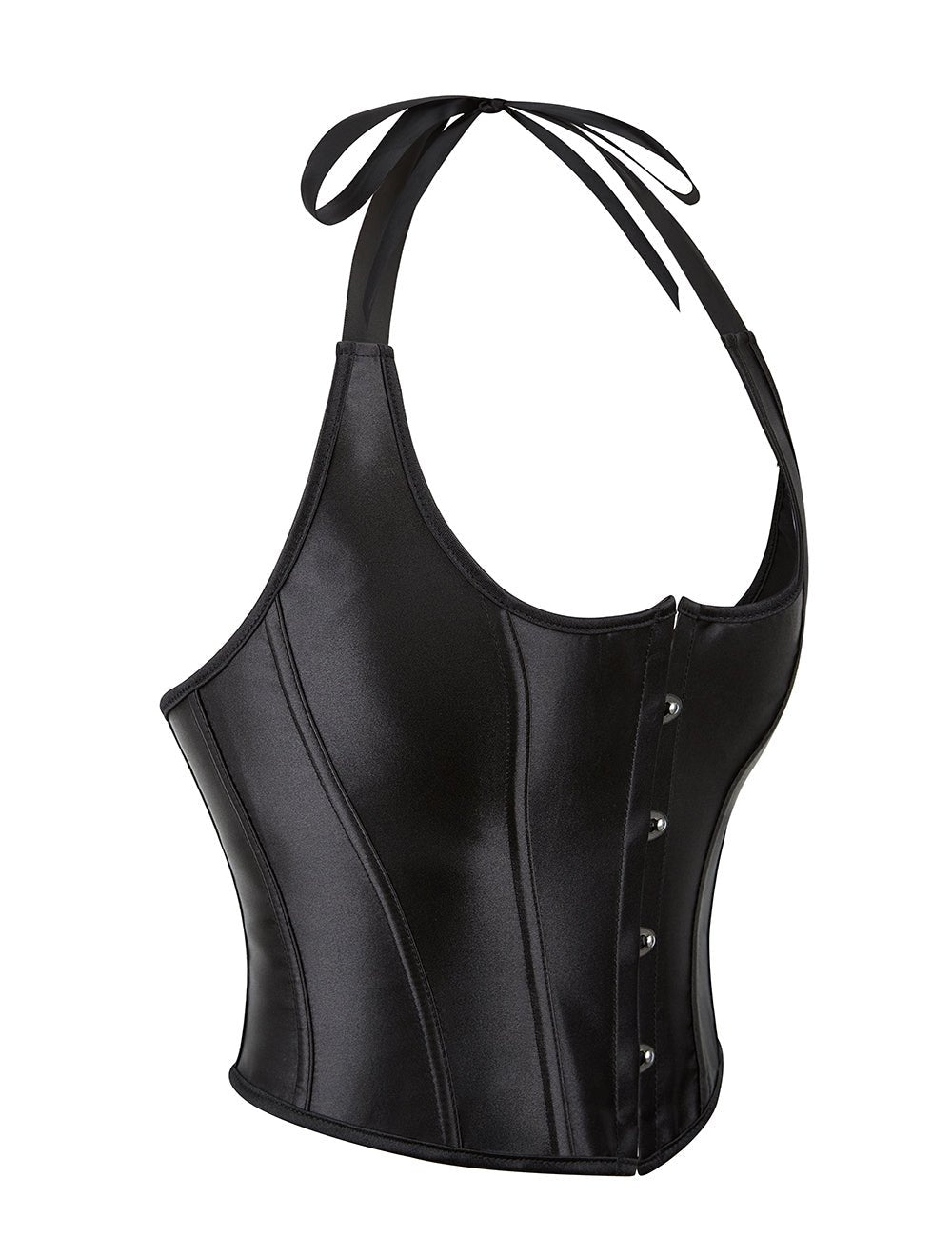 Black Satin Halter Tank Corset – 12 Soft Bones & Crossed Back Straps - TeaseFashion