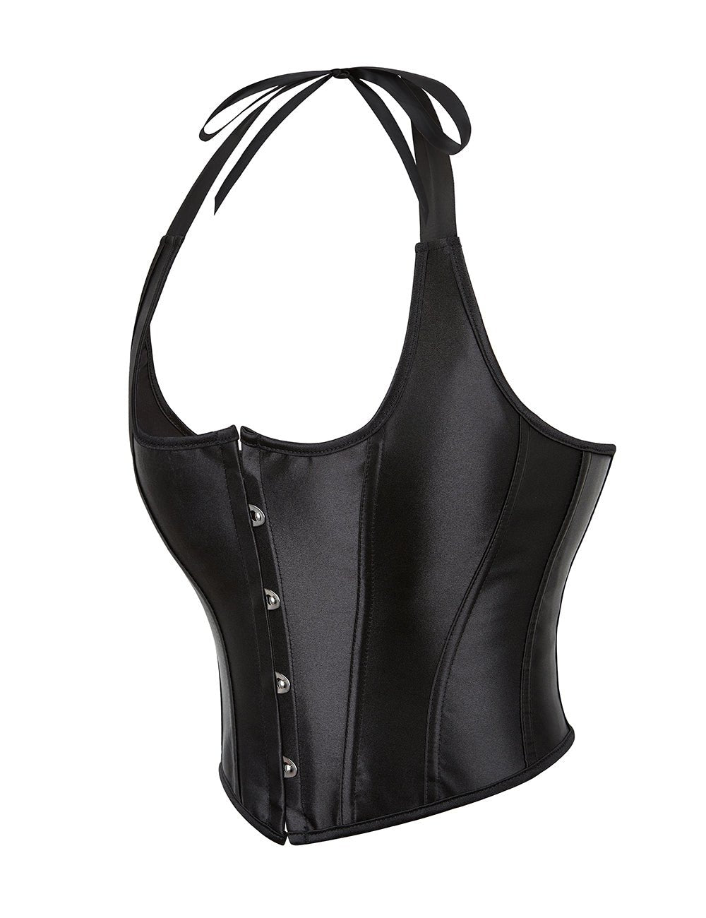 Black Satin Halter Tank Corset – 12 Soft Bones & Crossed Back Straps - TeaseFashion