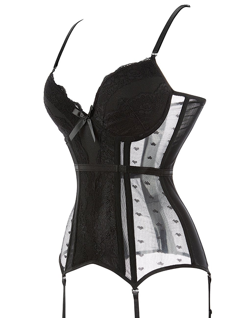 Black Satin & Lace Corset – Steel - Boned Cups, Garter Straps & 8 Bones - TeaseFashion