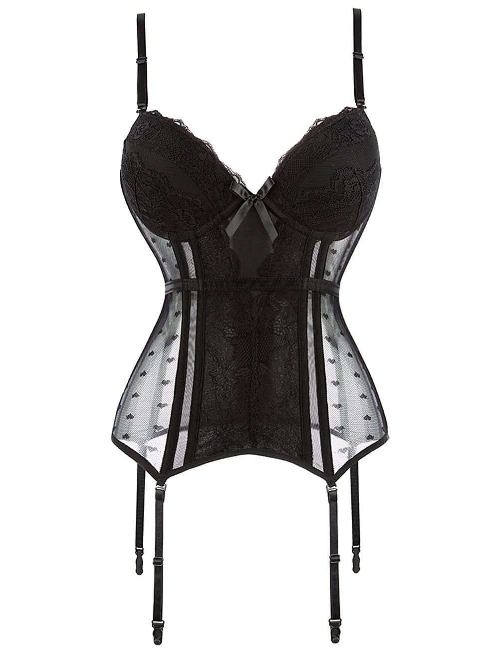 Black Satin & Lace Corset – Steel - Boned Cups, Garter Straps & 8 Bones - TeaseFashion