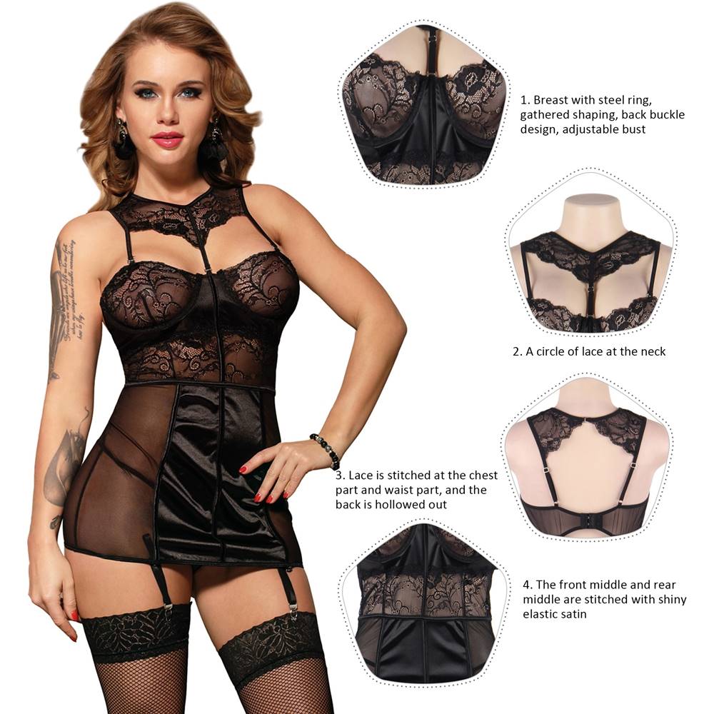 Black Satin Lace Garter Lingerie Set – Steel Ring Cups, Glossy Elastic Panels, Hollow - Out Back, Garter Straps & Thong Included - TeaseFashion