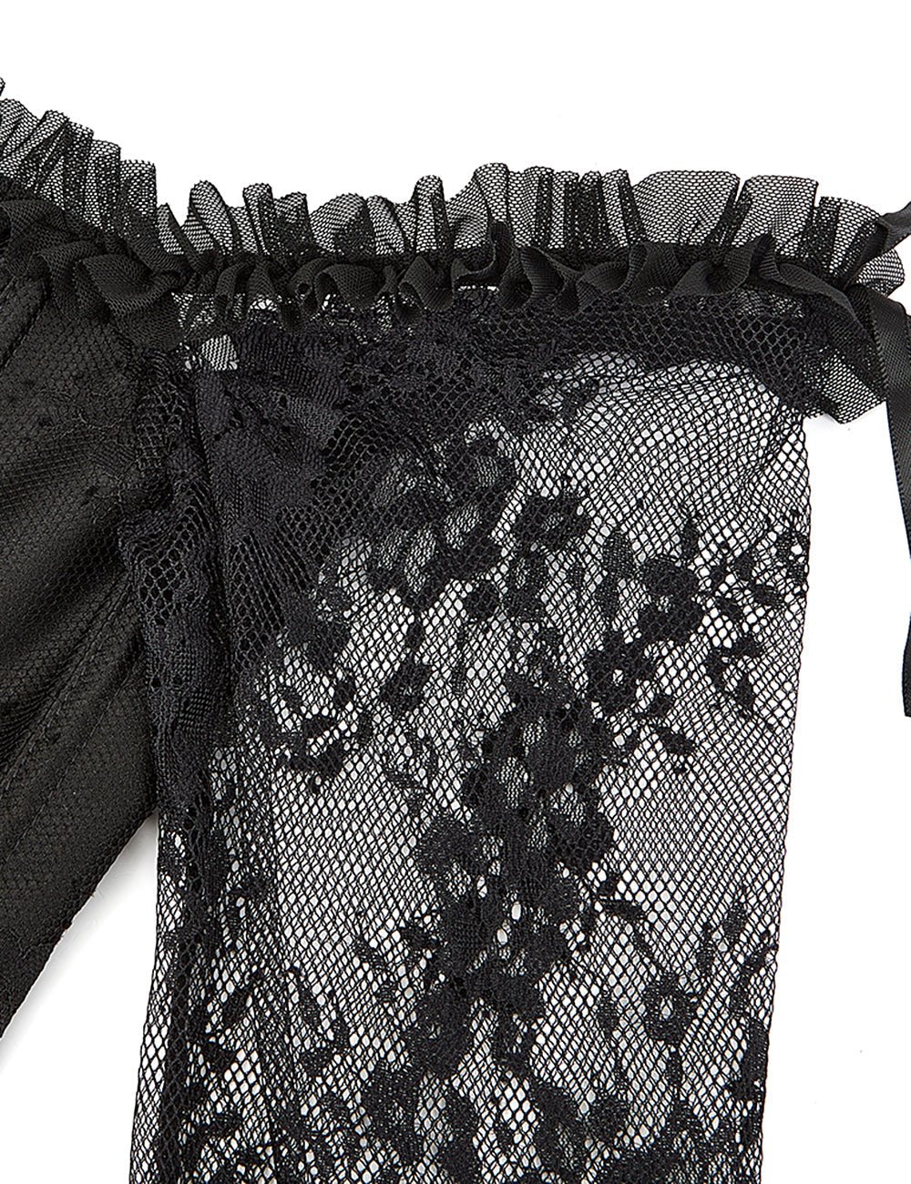 Black Satin & Lace Off - Shoulder Corset with Ruffle Bow - TeaseFashion