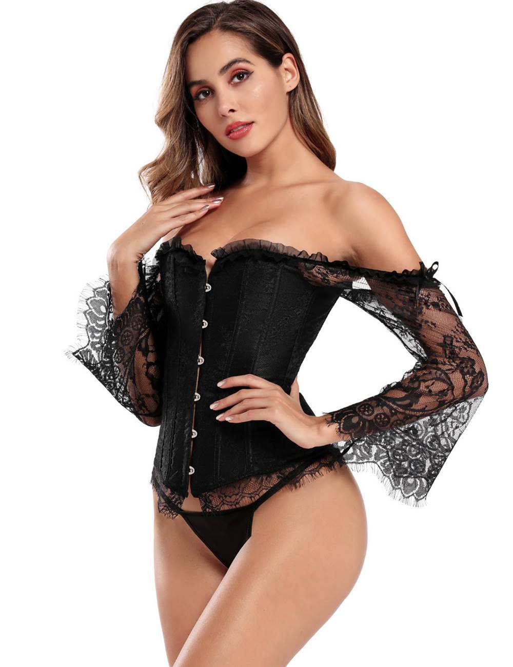 Black Satin & Lace Off - Shoulder Corset with Ruffle Bow - TeaseFashion