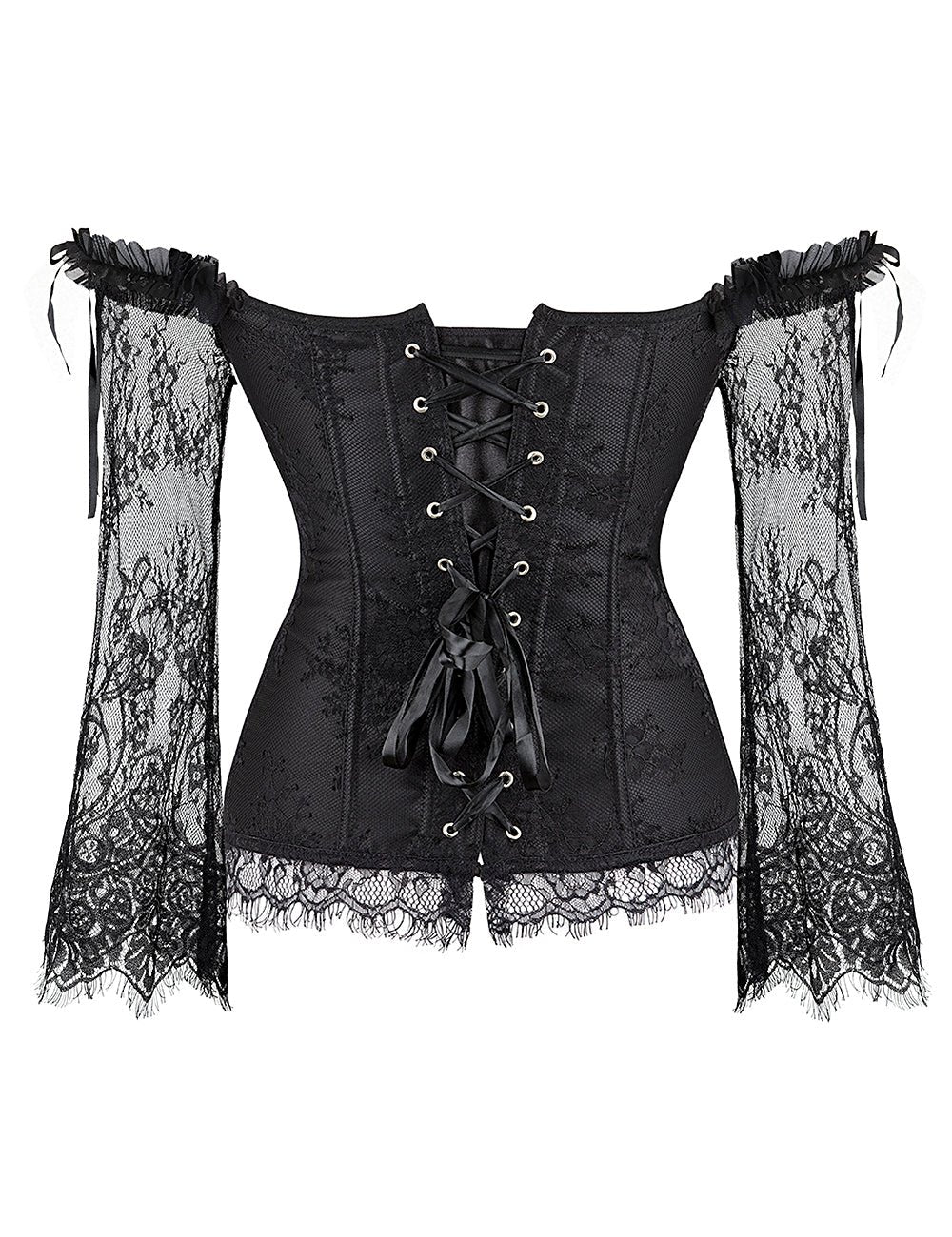 Black Satin & Lace Off - Shoulder Corset with Ruffle Bow - TeaseFashion