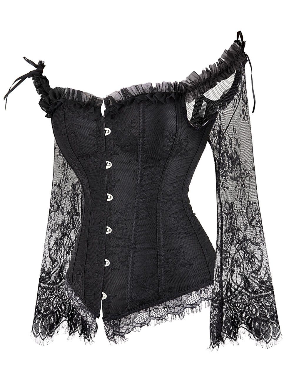 Black Satin & Lace Off - Shoulder Corset with Ruffle Bow - TeaseFashion