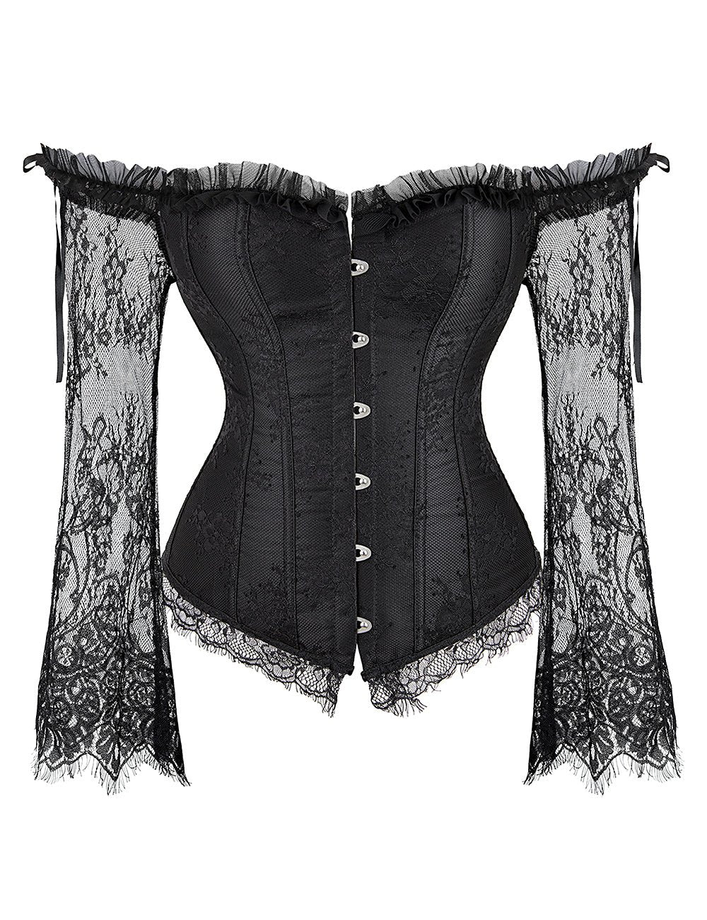 Black Satin & Lace Off - Shoulder Corset with Ruffle Bow - TeaseFashion