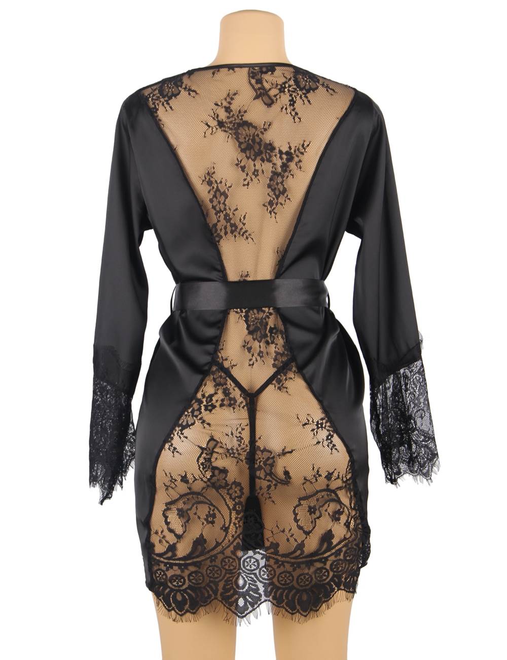 Black Satin & Lace Open - Front Nightgown – Eyelash Lace Back & Cuffs, Internal Tie & Waist Belt - TeaseFashion