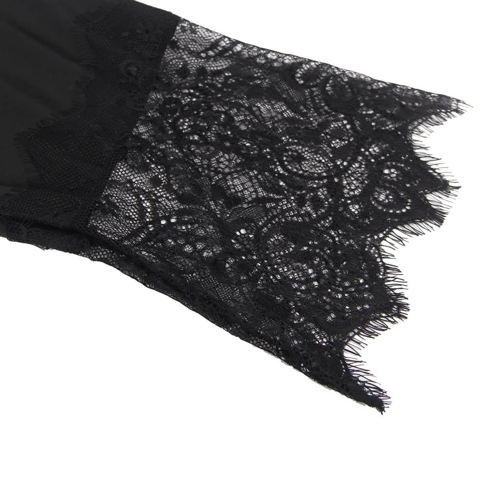 Black Satin & Lace Open - Front Nightgown – Eyelash Lace Back & Cuffs, Internal Tie & Waist Belt - TeaseFashion