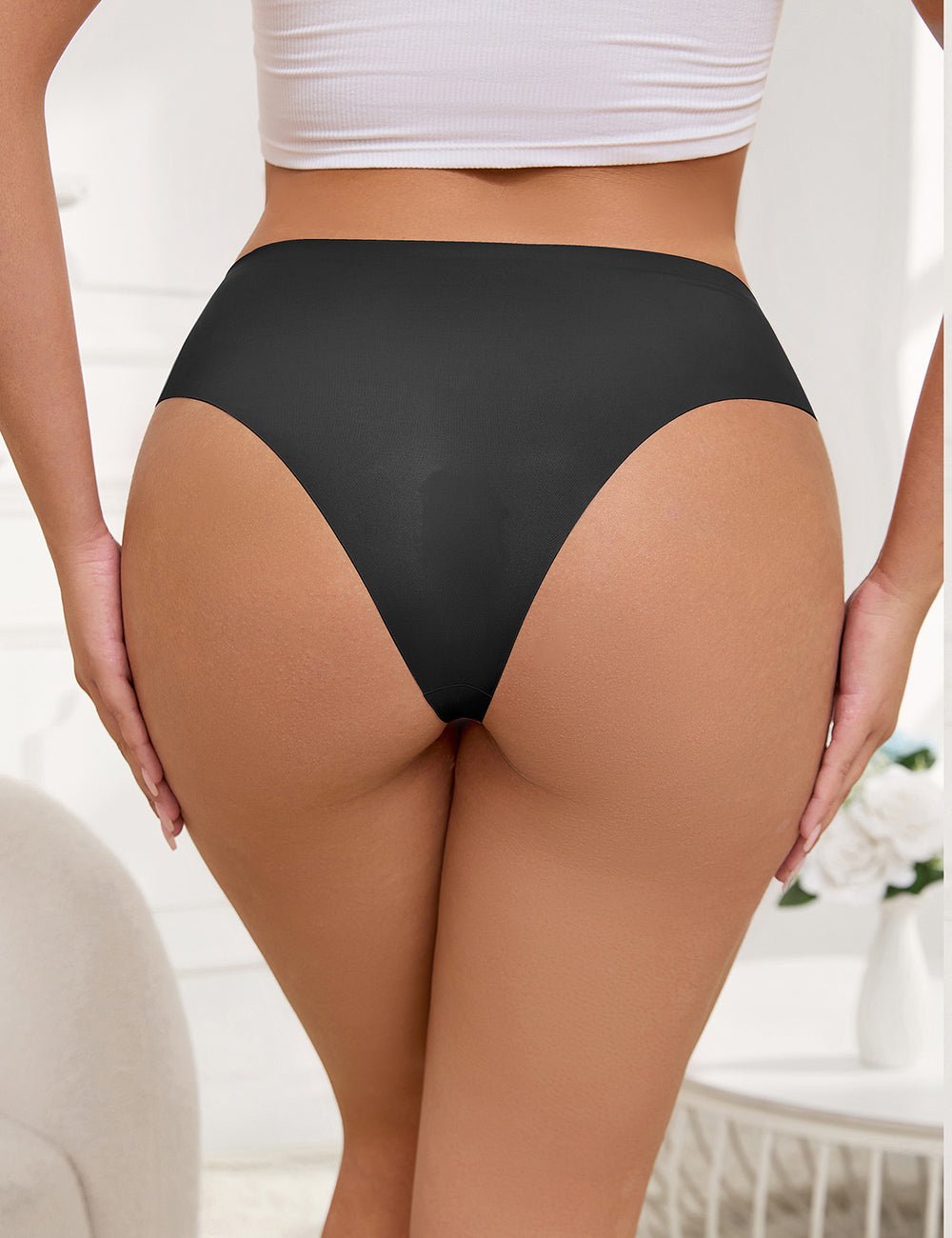 Black Seamless Panty – Decorative Ring Waistband Detail, Nylon Swim Fabric & Trimmable Hem - TeaseFashion