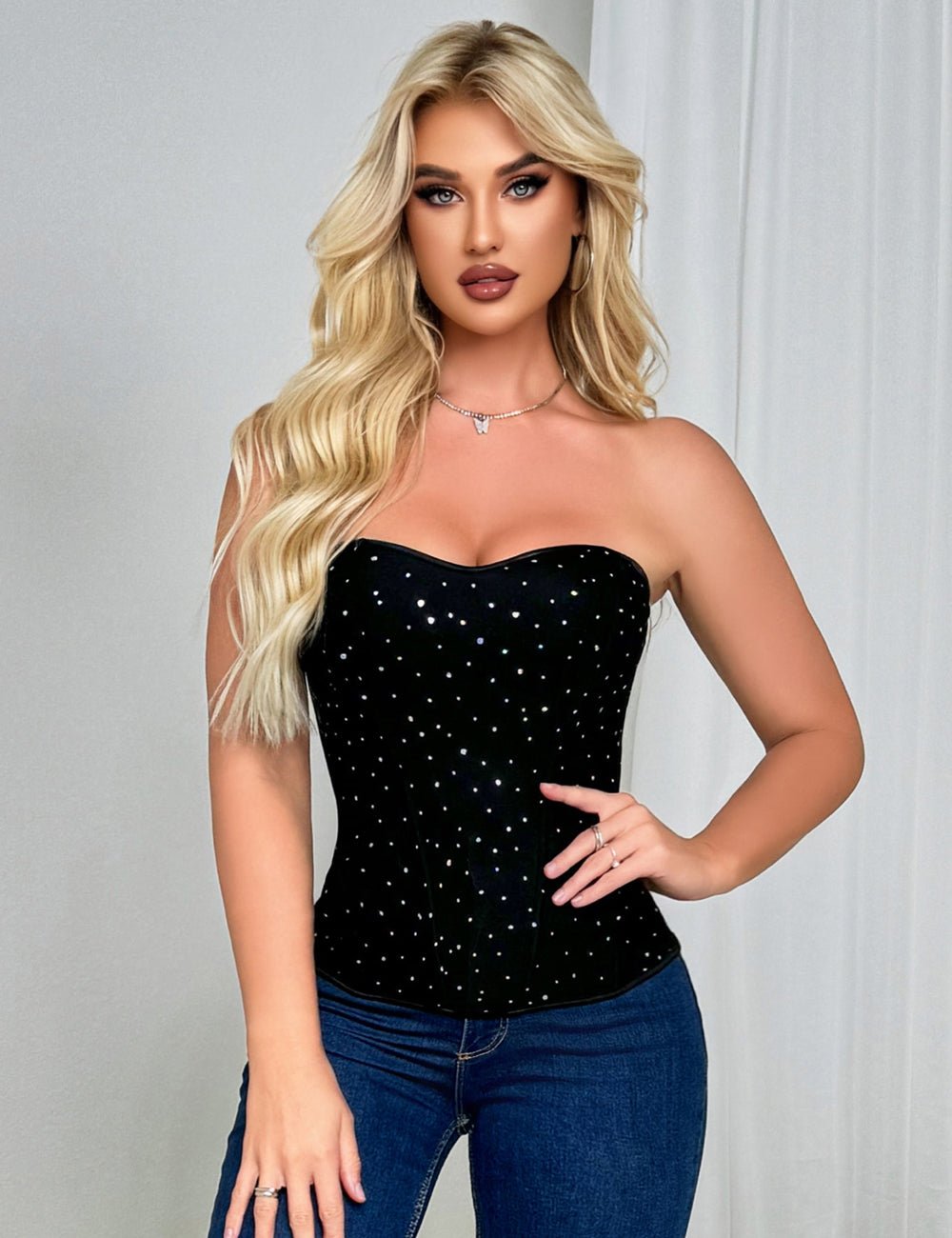 Black Sequin Mesh Bustier Corset – 6 Steel Bones & Back Zip - TeaseFashion