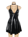 Black Sexy Deep V - Neck Wet Look Faux Leather Suspender Nightdress - TeaseFashion