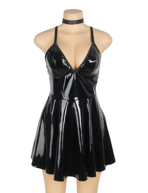Black Sexy Deep V - Neck Wet Look Faux Leather Suspender Nightdress - TeaseFashion