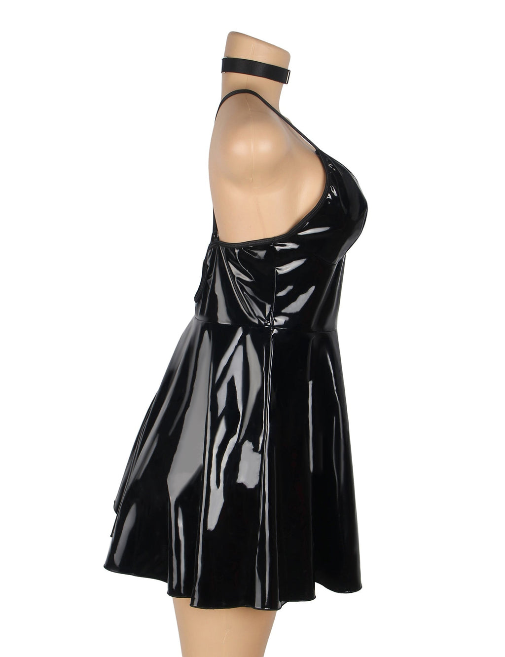 Black Sexy Deep V - Neck Wet Look Faux Leather Suspender Nightdress - TeaseFashion