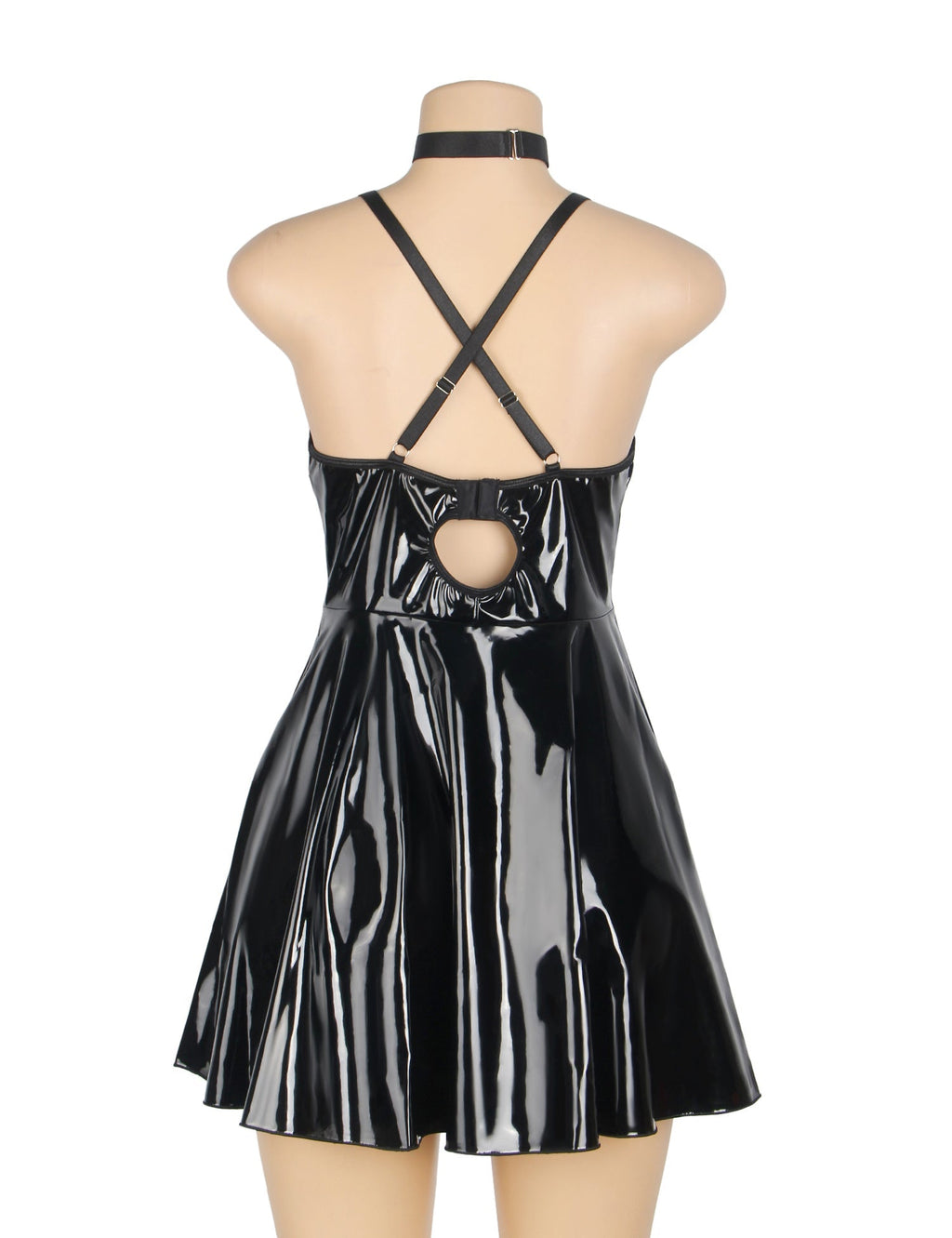 Black Sexy Deep V - Neck Wet Look Faux Leather Suspender Nightdress - TeaseFashion
