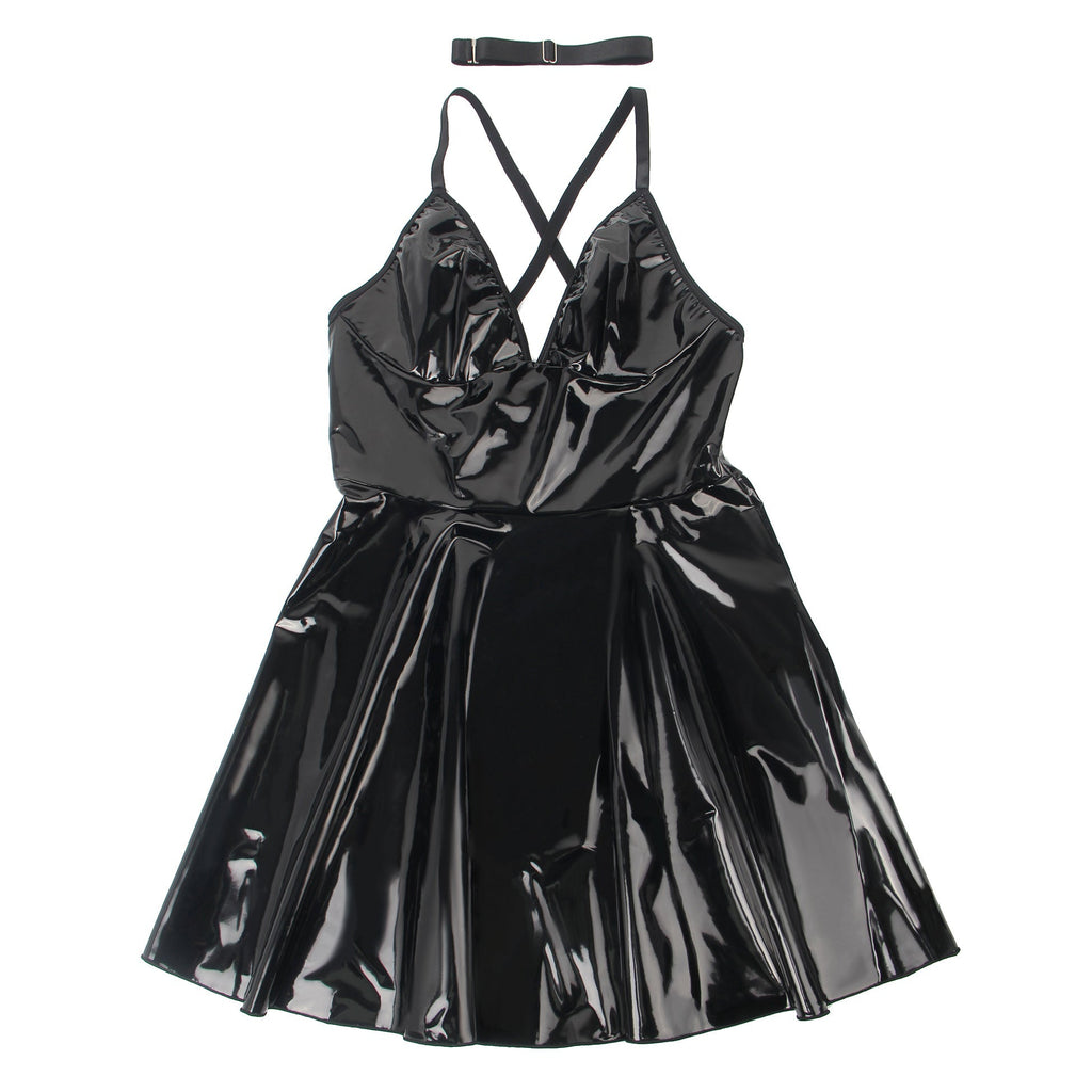 Black Sexy Deep V - Neck Wet Look Faux Leather Suspender Nightdress - TeaseFashion