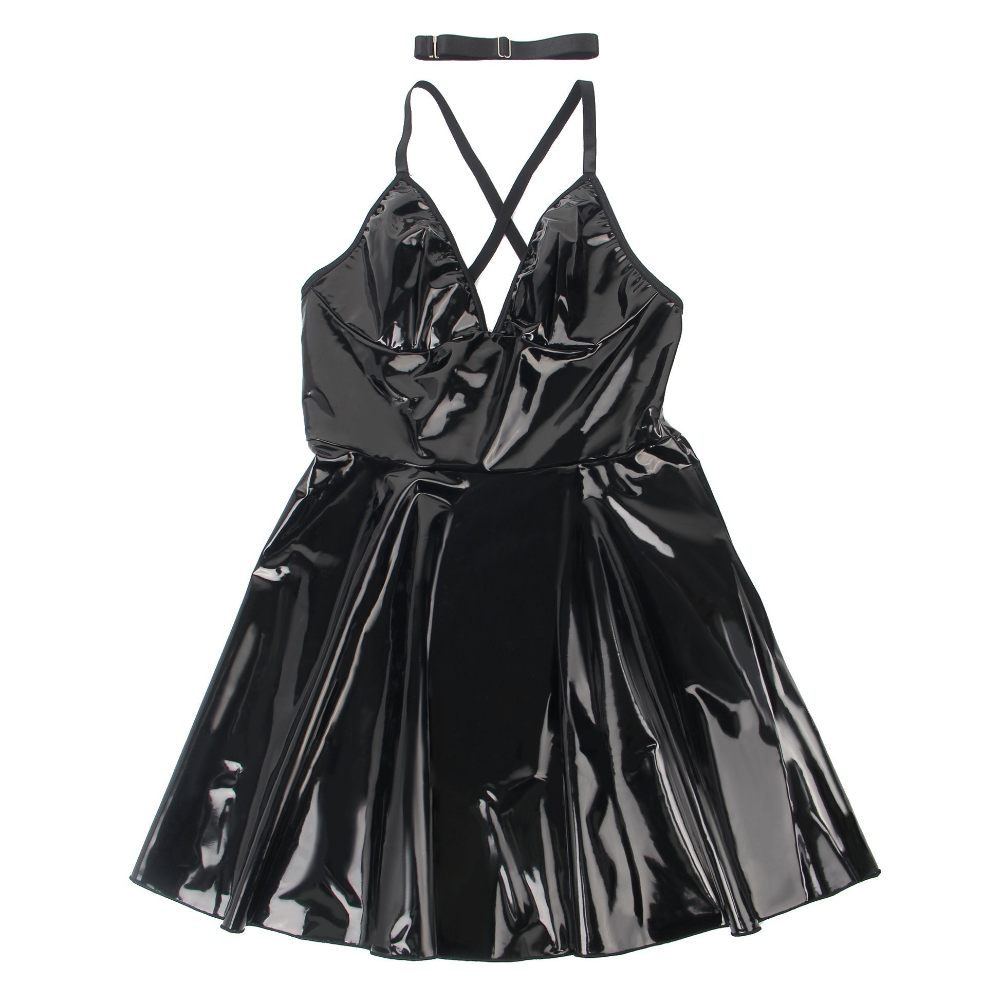Black Sexy Deep V - Neck Wet Look Faux Leather Suspender Nightdress - TeaseFashion