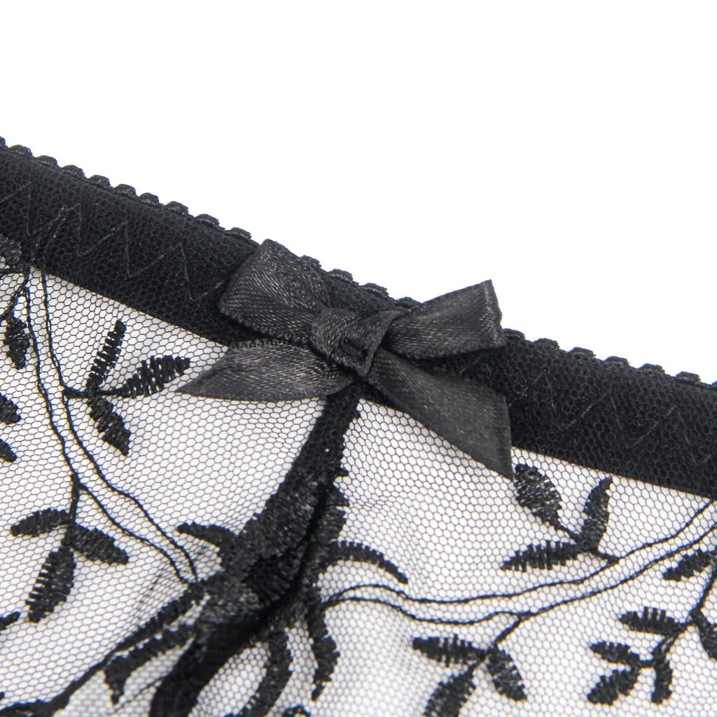 Black Sexy Embroidery Lace Garter Panty - TeaseFashion