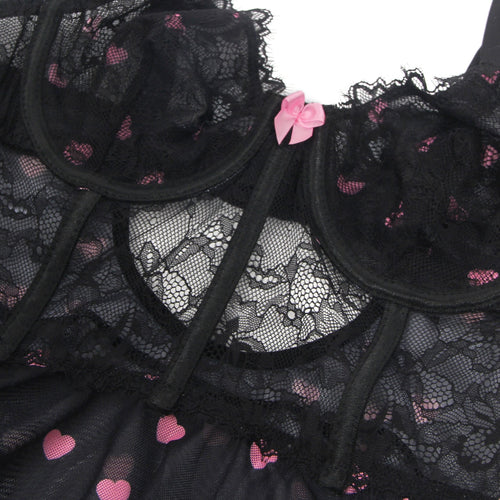 Black Sexy Heart Printed Lace Mesh Push Up Nightdress - TeaseFashion