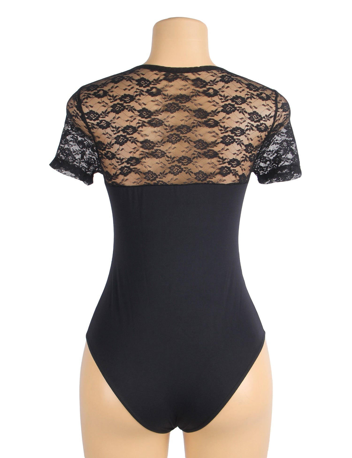 Black Sexy Lace Openable Crotch Short Sleeves Bodysuit - TeaseFashion
