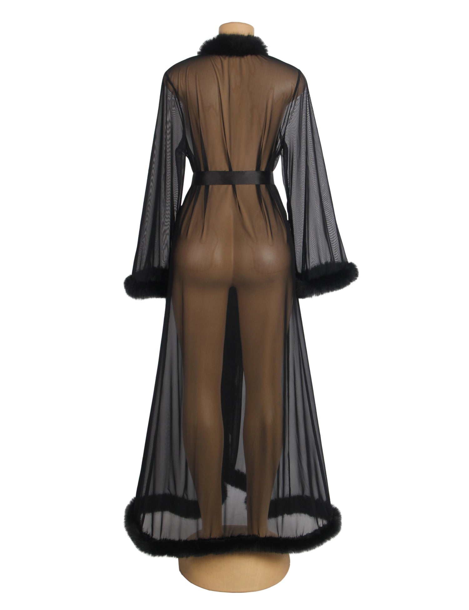Black Sexy Mesh Imitation Mink Fur Trim Long Robe With Belt - TeaseFashion