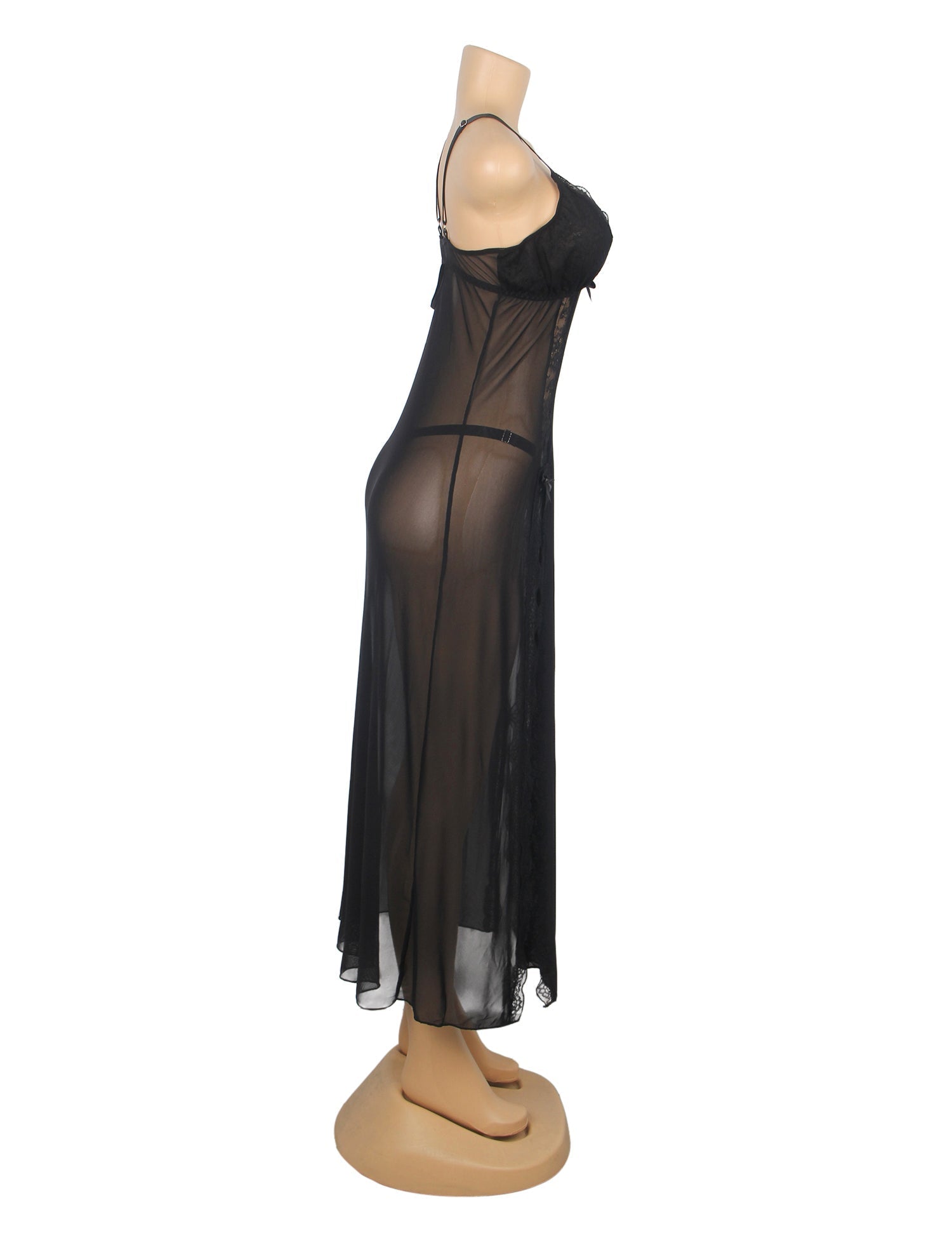 Black Sexy Mesh Lace Long Split Nightgown - TeaseFashion