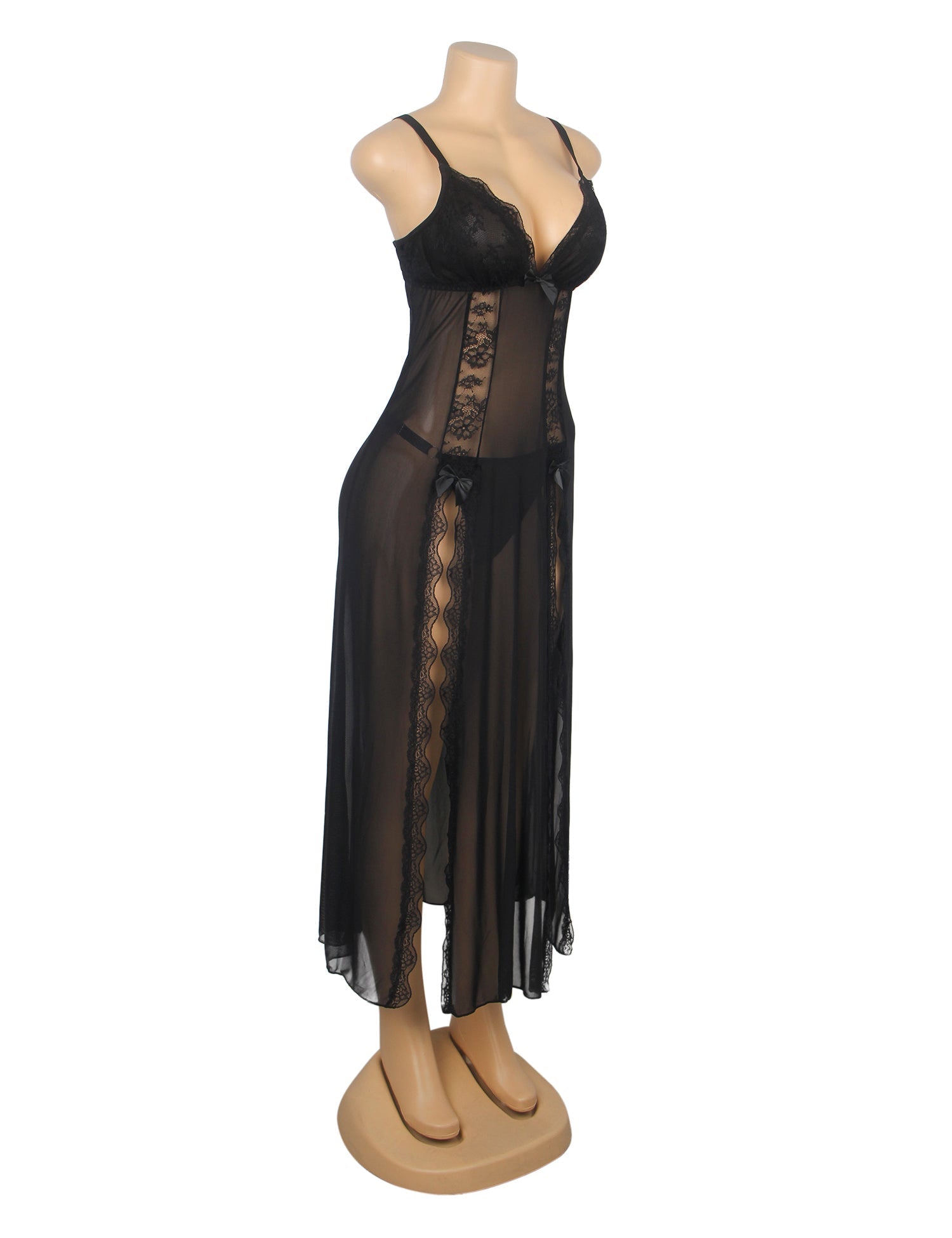 Black Sexy Mesh Lace Long Split Nightgown - TeaseFashion
