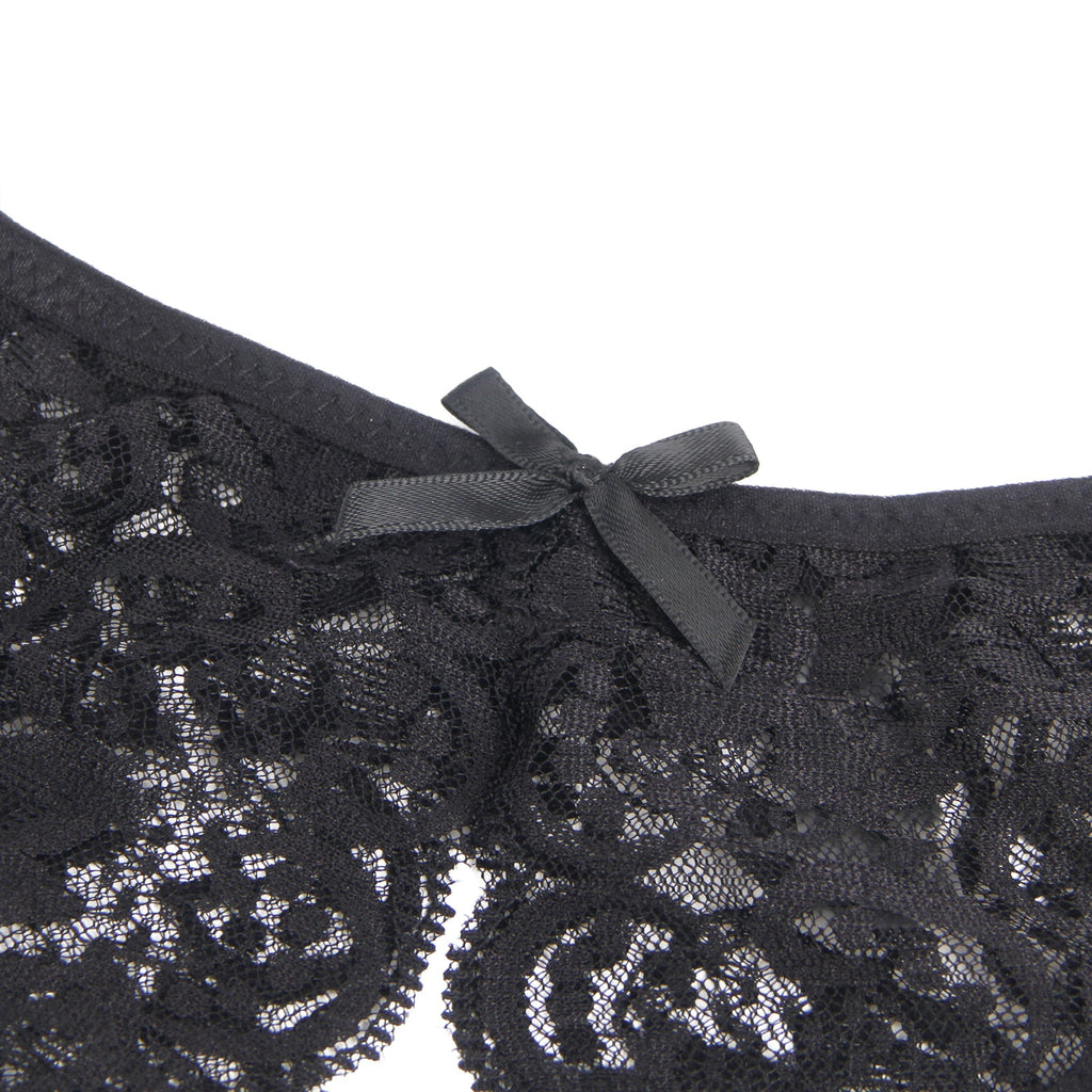 Black Sexy Open Crotch Lace Bow Panty - TeaseFashion
