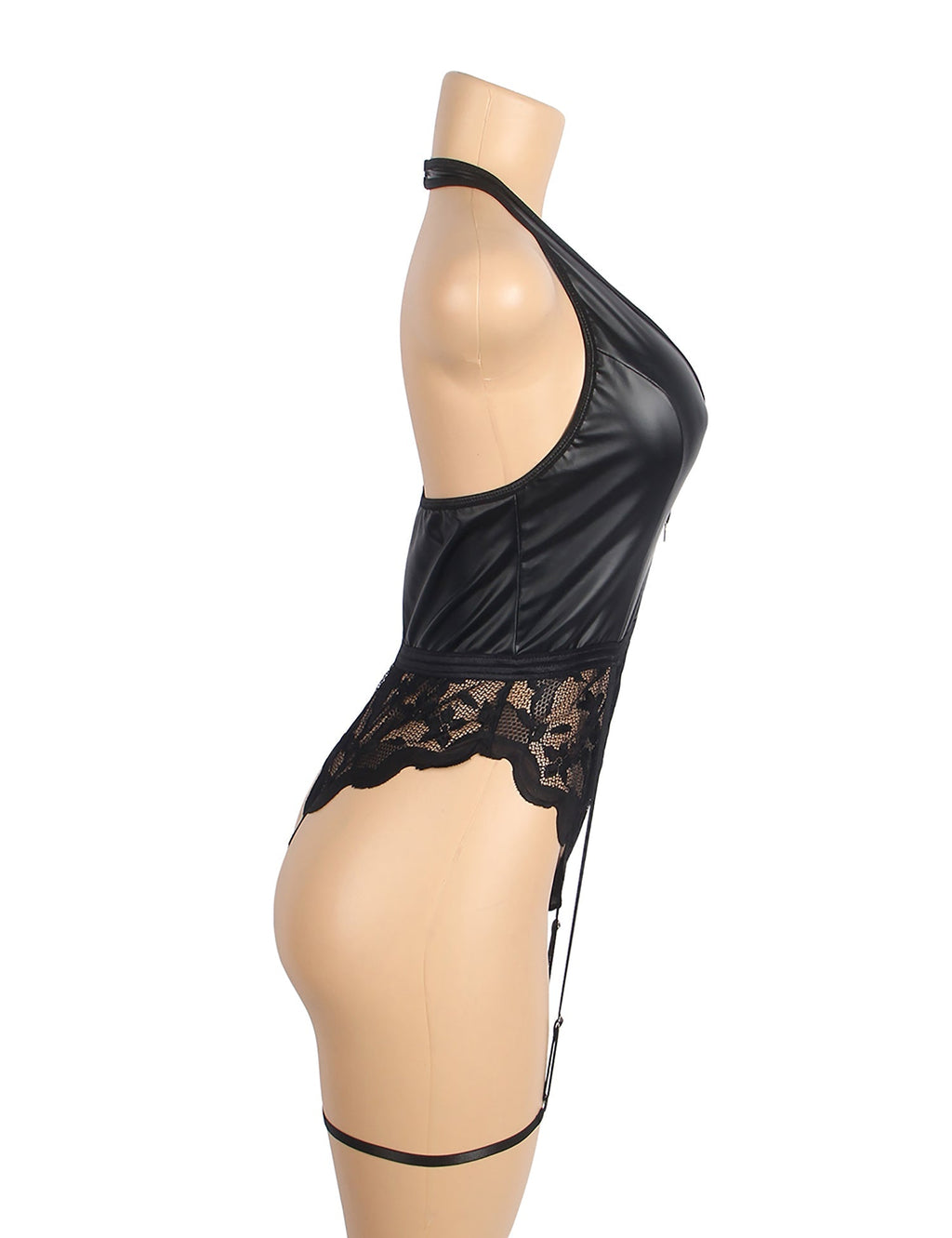 Black Sexy PU Leather Lace Zippered Halter Bodysuit - TeaseFashion