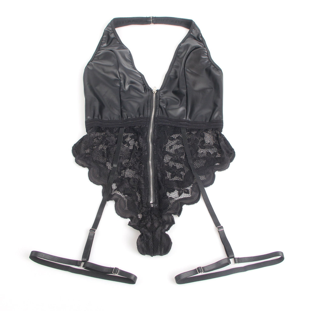 Black Sexy PU Leather Lace Zippered Halter Bodysuit - TeaseFashion