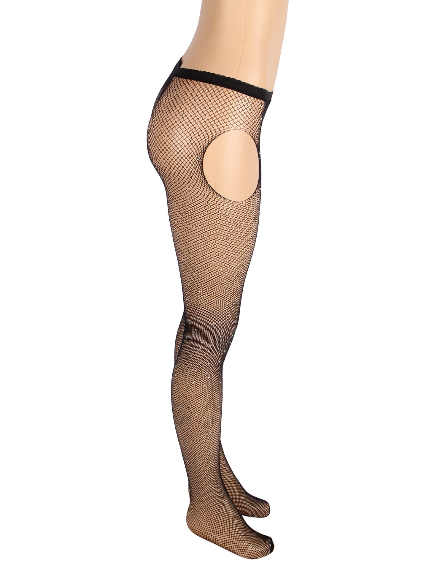 Black Sexy Rhinestone Crotchless Fishnet Pantyhose - TeaseFashion