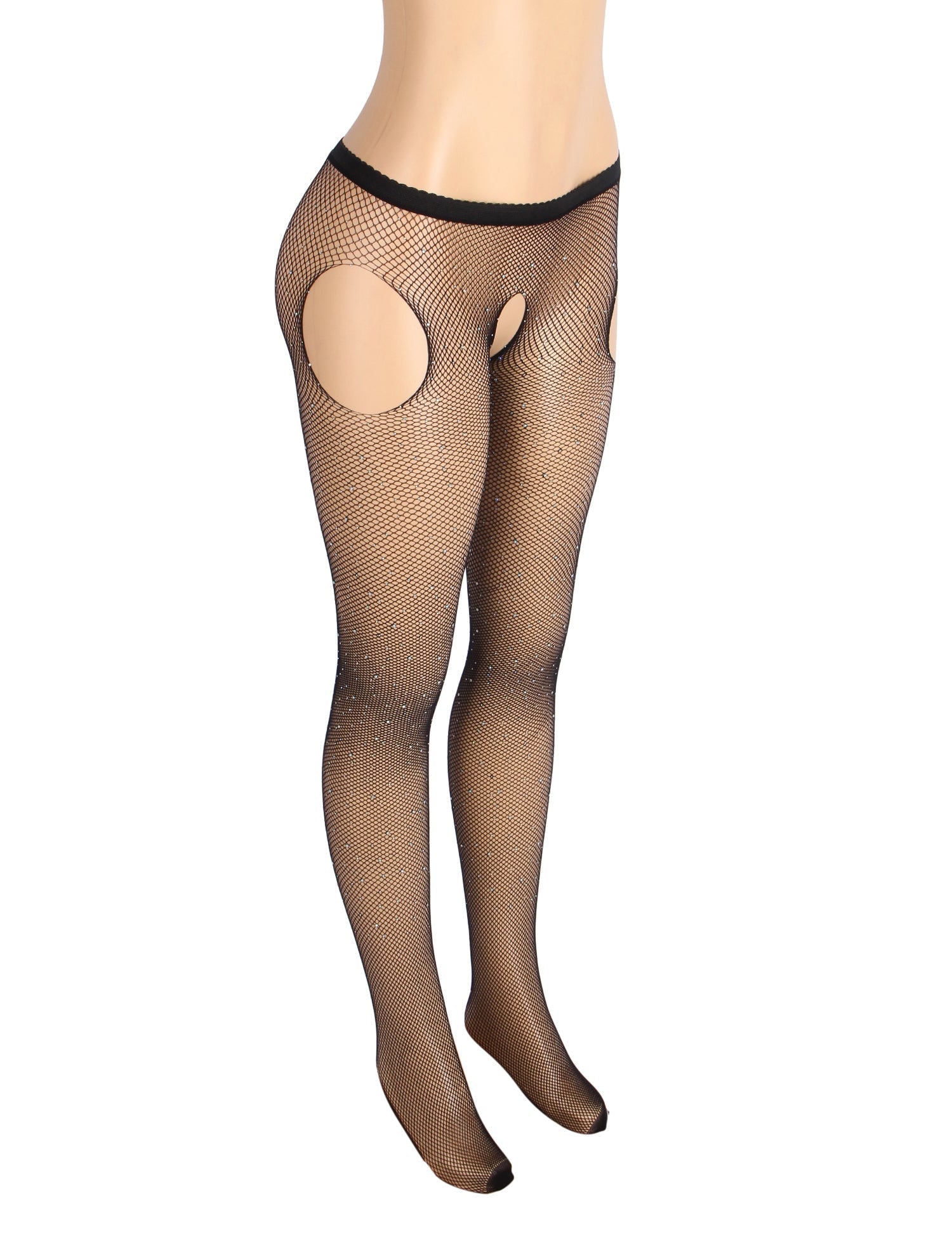 Black Sexy Rhinestone Crotchless Fishnet Pantyhose - TeaseFashion