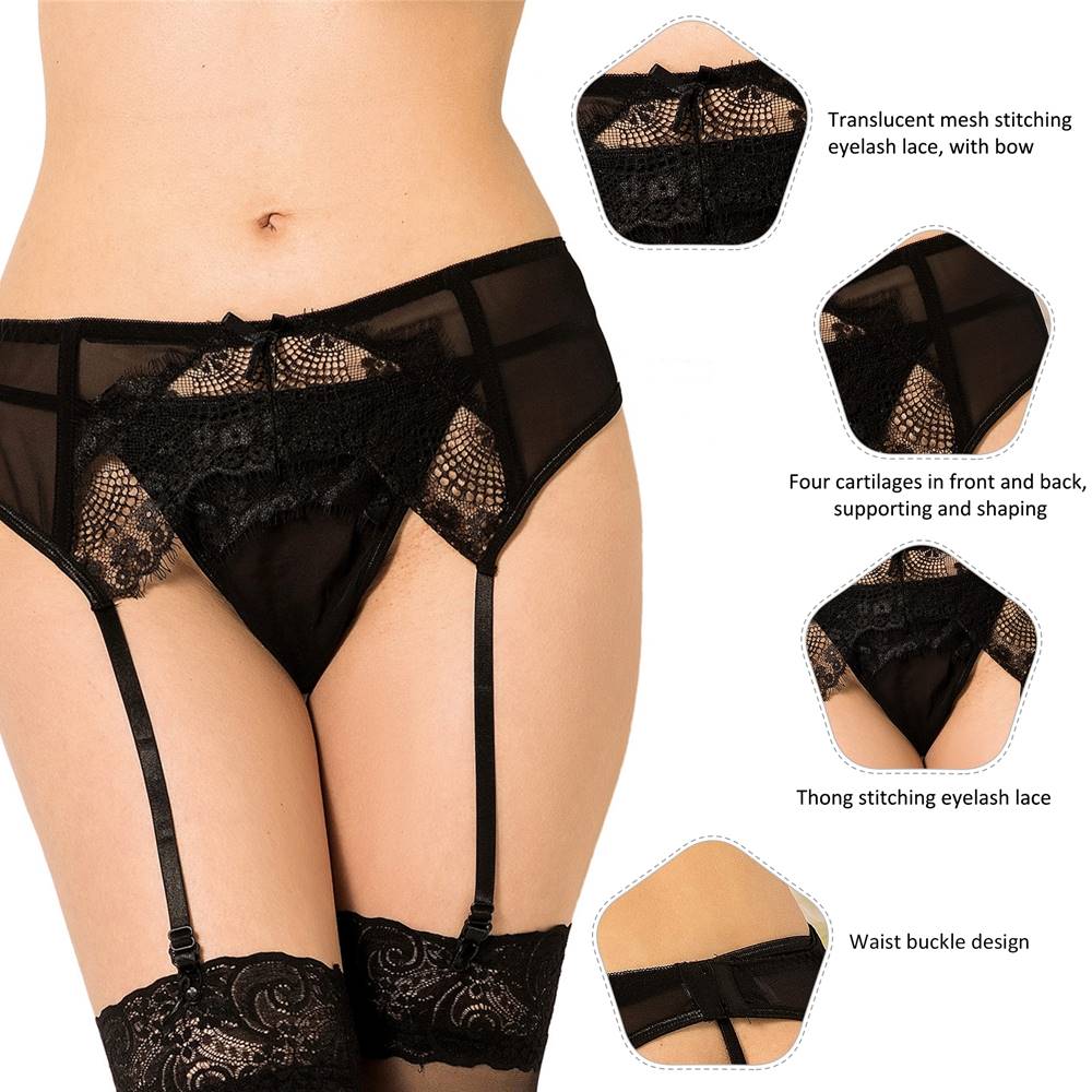 Black Sexy Transparent Lace Garter Panty - TeaseFashion
