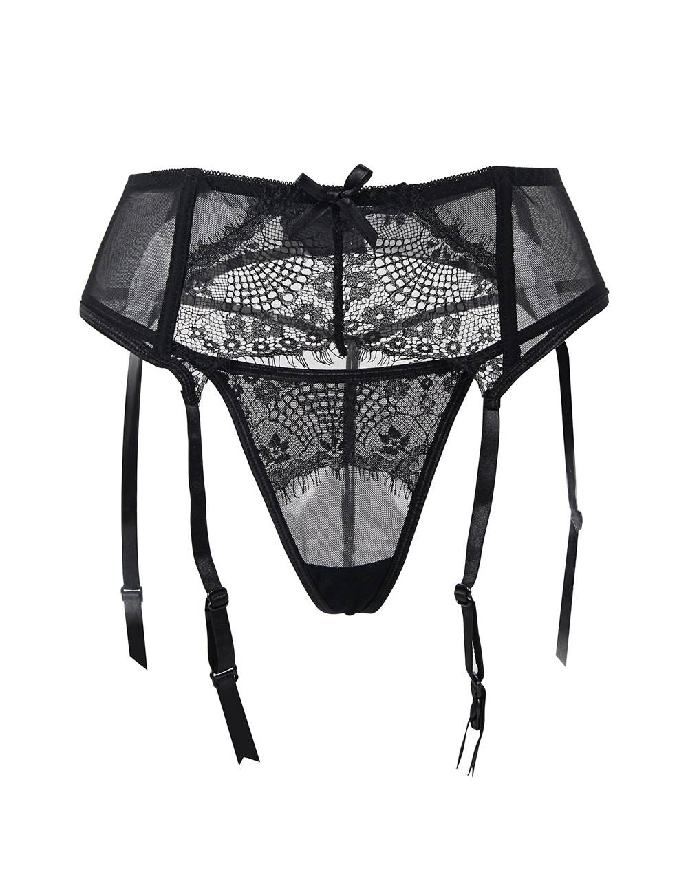 Black Sexy Transparent Lace Garter Panty - TeaseFashion