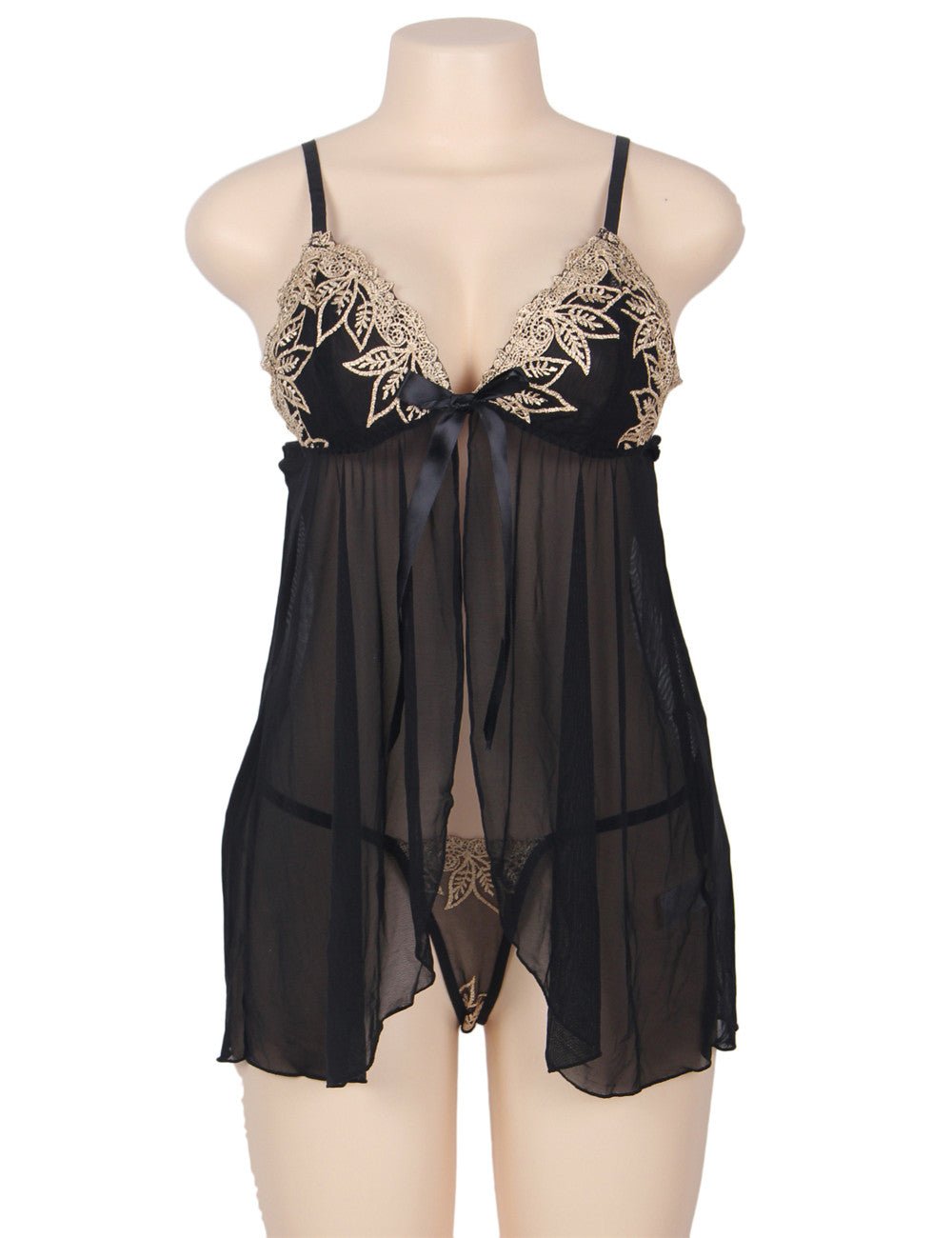 Black Sheer Mesh Babydoll Lingerie Set - TeaseFashion