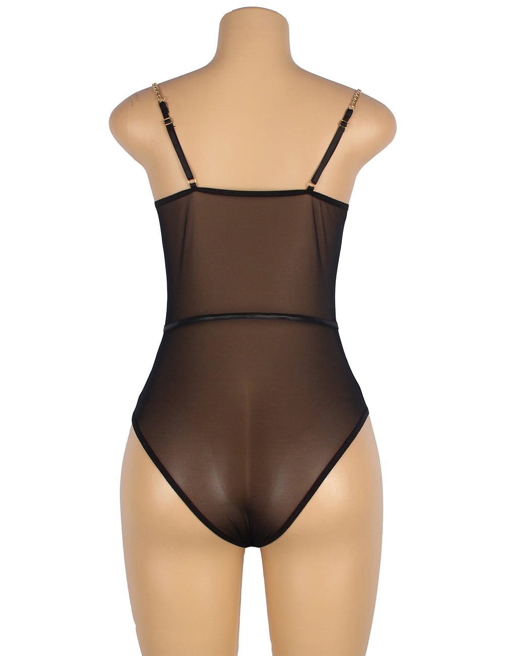 Black Sheer Mesh Bodysuit – Padded Underwired Cups, Metal Chain Straps & Snap Crotch - TeaseFashion