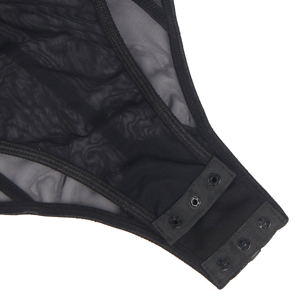 Black Sheer Mesh Bodysuit – Padded Underwired Cups, Metal Chain Straps & Snap Crotch - TeaseFashion