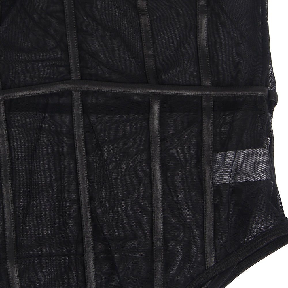 Black Sheer Mesh Bodysuit – Padded Underwired Cups, Metal Chain Straps & Snap Crotch - TeaseFashion