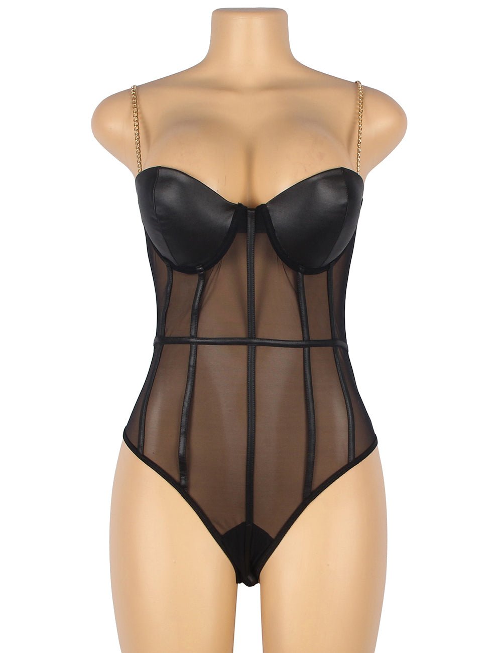 Black Sheer Mesh Bodysuit – Padded Underwired Cups, Metal Chain Straps & Snap Crotch - TeaseFashion