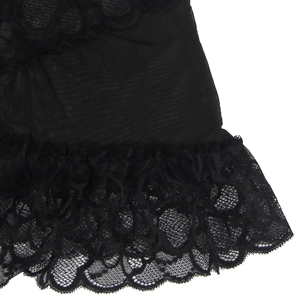 Black Sheer Mesh & Lace Babydoll with V - Panel Lace Insert, Bow Detail & Scalloped Hem - TeaseFashion