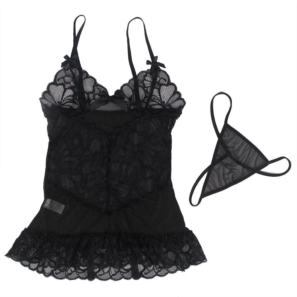 Black Sheer Mesh & Lace Babydoll with V - Panel Lace Insert, Bow Detail & Scalloped Hem - TeaseFashion