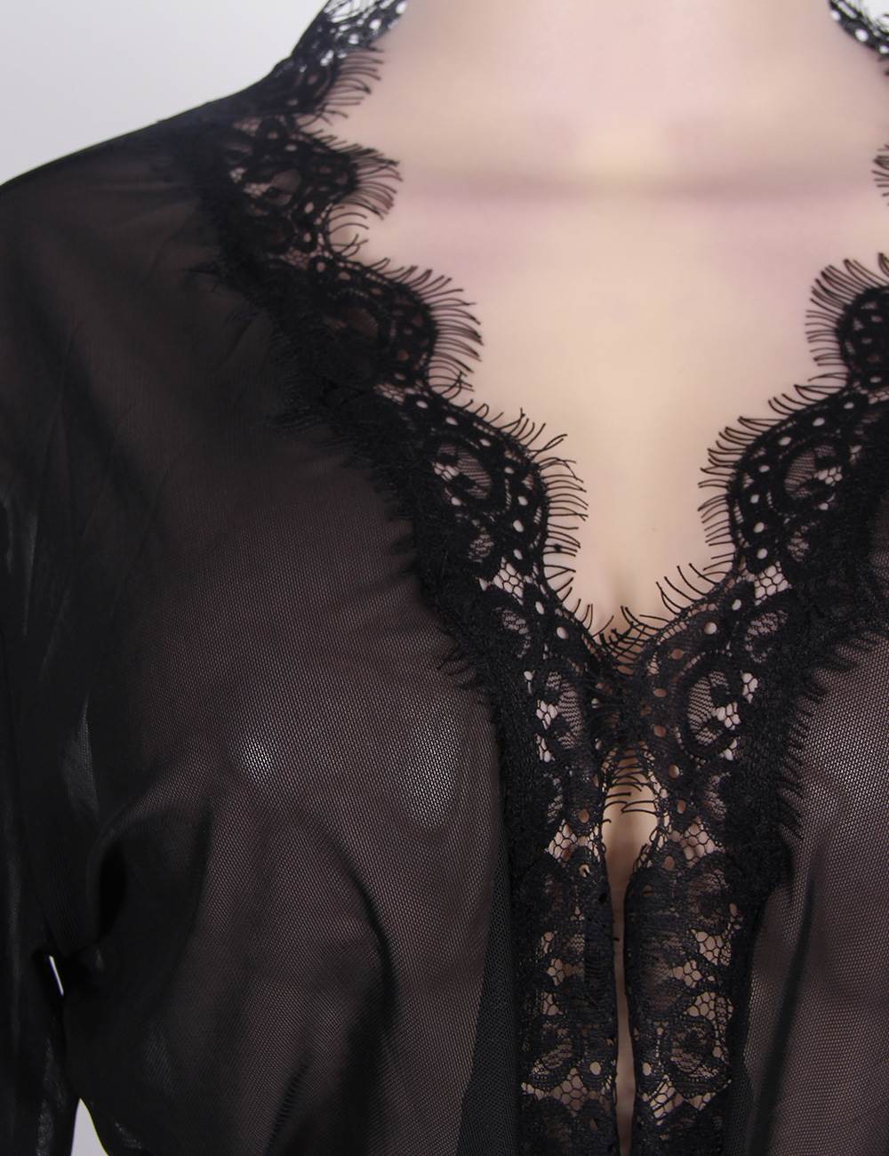Black Sheer Mesh Robe – Eyelash Lace Trim, Satin Belt & Thong Set - TeaseFashion
