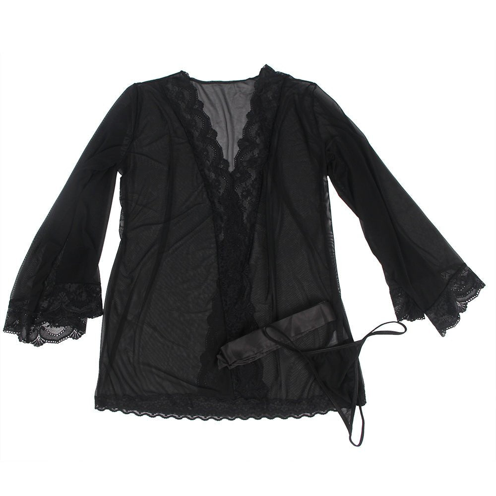 Black Sheer Mesh Sleepwear – Long Sleeves, Open Front & Waist Belt - TeaseFashion