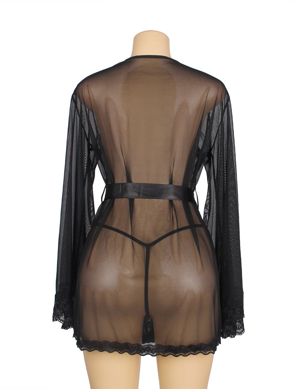 Black Sheer Mesh Sleepwear – Long Sleeves, Open Front & Waist Belt - TeaseFashion