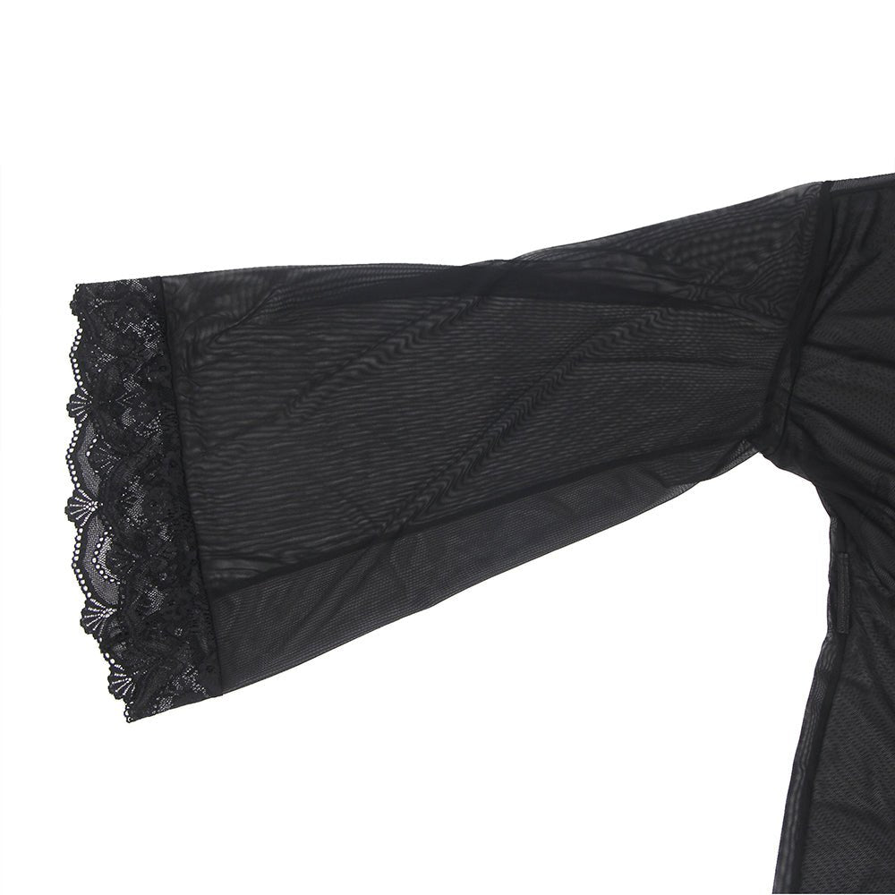 Black Sheer Mesh Sleepwear – Long Sleeves, Open Front & Waist Belt - TeaseFashion