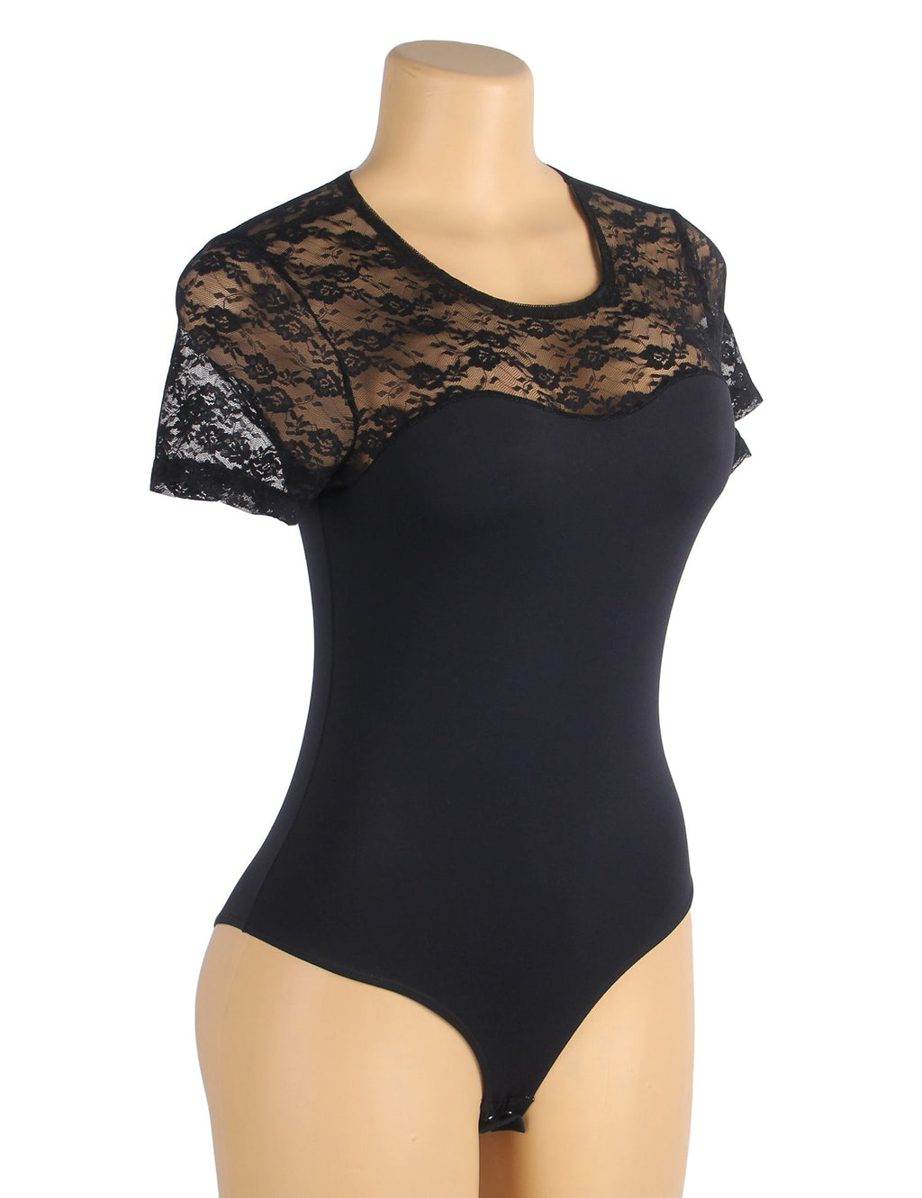 Black Short Sleeve Bodysuit – Lace Mesh on Chest & Sleeves, Round Neck - TeaseFashion