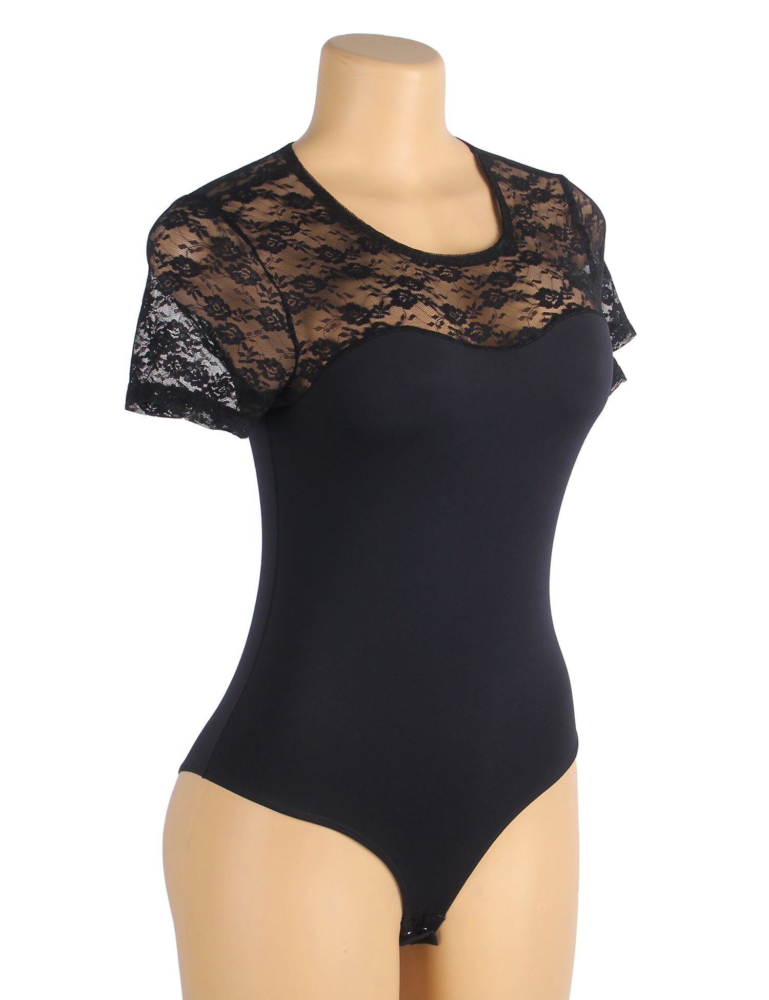 Black Short Sleeve Bodysuit – Lace Mesh on Chest & Sleeves, Round Neck - TeaseFashion