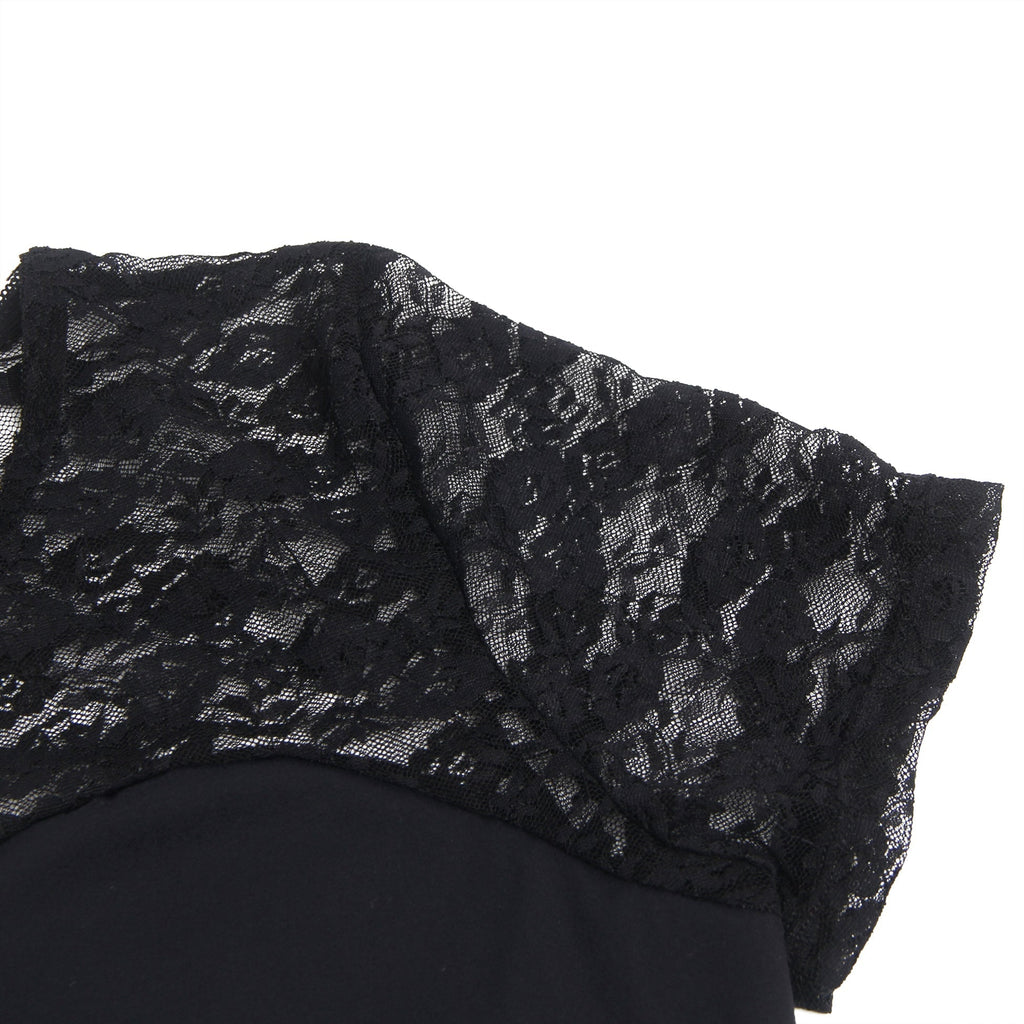 Black Short Sleeve Bodysuit – Lace Mesh on Chest & Sleeves, Round Neck - TeaseFashion